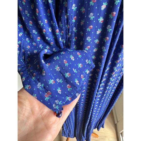 Vintage 80s Womens Midi Dress Size M 6-8 Blue Micro Floral Prt Prairie Dress - Picture 8 of 12